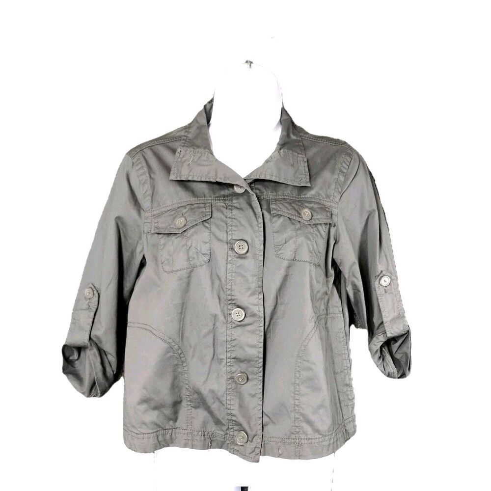 French Cuff Jacket Women's S Grey Cotton Roll Tab Sleeve Flap Pocket Granola